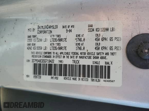 2005 Dodge 3500 SLT with VIN 3D7MS48C65G718422, listed as a Copart auction lot 69870275 with 138,581 mi miles and Salvage title. Bid and sale history available at DreamBid. Image 12.