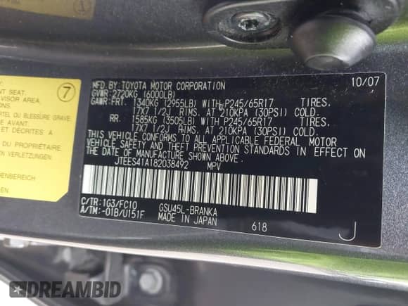 2008 Toyota Highlander with VIN JTEES41A182038492, listed as a IAAI auction lot 43551238 with 267,071 mi miles and . Bid and sale history available at DreamBid. Image 9.