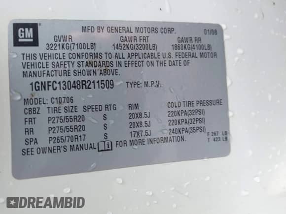 2008 Chevrolet Tahoe 1LT z VIN 1GNFC13048R211509, wystawiony jako IAAI lot #42362887 z przebiegiem 296 066 mil mil oraz . Historia ofert i sprzedaży dostępna na DreamBid. Obrazek 9.