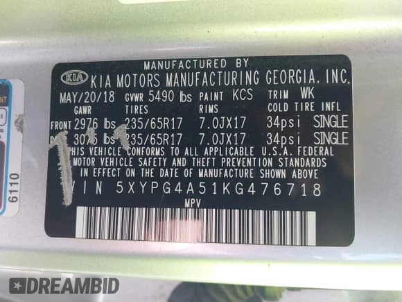 2019 Kia Sorento LX with VIN 5XYPG4A51KG476718, listed as a IAAI auction lot 42836486 with 108,250 mi miles and . Bid and sale history available at DreamBid. Image 9.