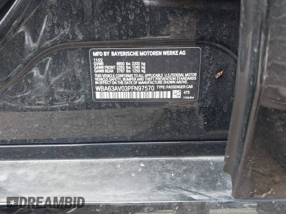 2023 BMW 4 Series 430i with VIN WBA63AV03PFN97570, listed as a IAAI auction lot 42139297 with 43,001 mi miles and . Bid and sale history available at DreamBid. Image 9.