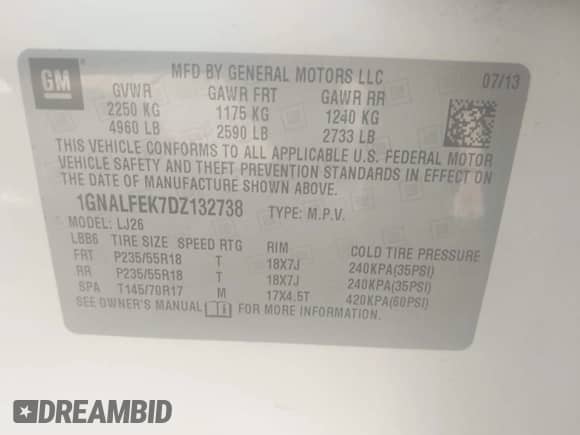 2013 Chevrolet Equinox LTZ with VIN 1GNALFEK7DZ132738, listed as a IAAI auction lot 43469565 with 150,927 mi miles and . Bid and sale history available at DreamBid. Image 9.