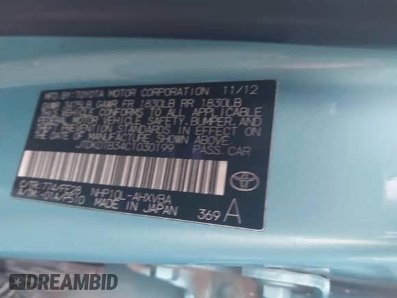 2012 Toyota Prius One z VIN JTDKDTB34C1030199, wystawiony jako IAAI lot #43250891 z przebiegiem 379 119 mil mil oraz . Historia ofert i sprzedaży dostępna na DreamBid. Obrazek 9.