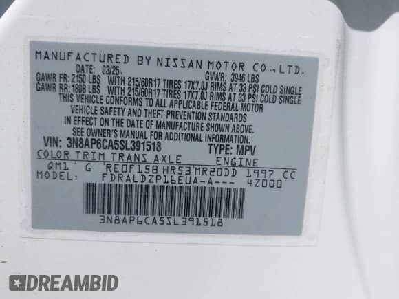 2025 Nissan Kicks SV with VIN 3N8AP6CA5SL391518, listed as a IAAI auction lot 43221732 with 6,097 mi miles and . Bid and sale history available at DreamBid. Image 9.