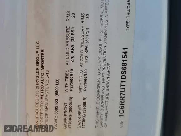 2013 Ram 1500 Sport with VIN 1C6RR7UT1DS681541, listed as a Copart auction lot 64261275 with 156,756 mi miles and Clean title. Bid and sale history available at DreamBid. Image 12.