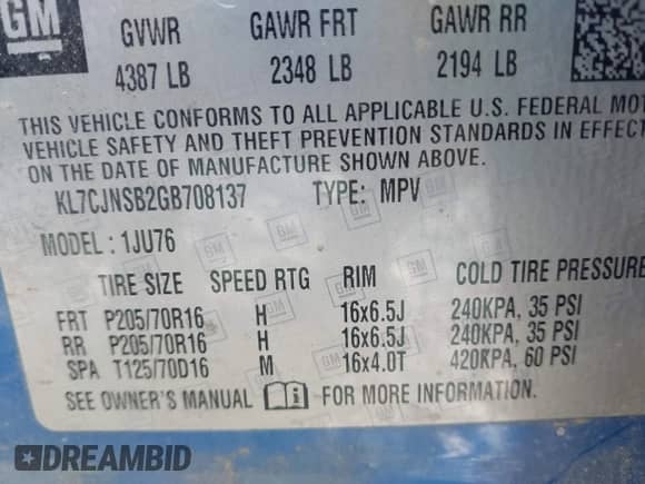 2016 Chevrolet Trax LS with VIN KL7CJNSB2GB708137, listed as a IAAI auction lot 43117615 with 59,000 mi miles and . Bid and sale history available at DreamBid. Image 9.