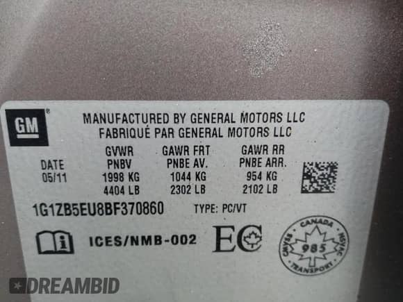 2011 Chevrolet Malibu LS with VIN 1G1ZB5EU8BF370860, listed as a Copart auction lot 69911275 with 103,608 mi miles and Salvage title. Bid and sale history available at DreamBid. Image 12.