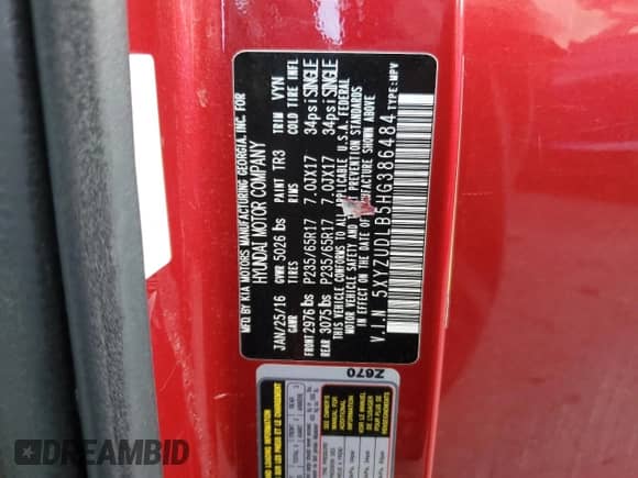 2017 Hyundai Santa Fe 2.4L с VIN 5XYZUDLB5HG386484, выставлен на аукционе Copart как лот 83955805 с пробегом 79 528 миль миль и Списание • Salvage title. История ставок и продаж доступна на DreamBid. Изображение 12.