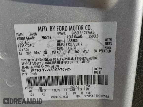 2009 Ford F-150 XL with VIN 1FTRF12W39KA76925, listed as a Copart auction lot 82575755 with 214,228 mi miles and Clean title. Bid and sale history available at DreamBid. Image 12.