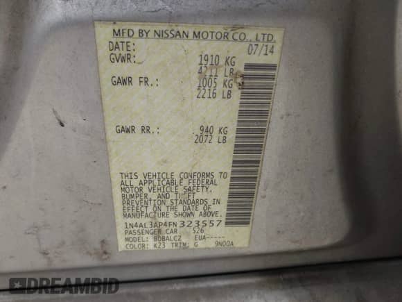 2015 Nissan Altima SL with VIN 1N4AL3AP4FN323557, listed as a IAAI auction lot 42937566 with 196,848 mi miles and . Bid and sale history available at DreamBid. Image 9.