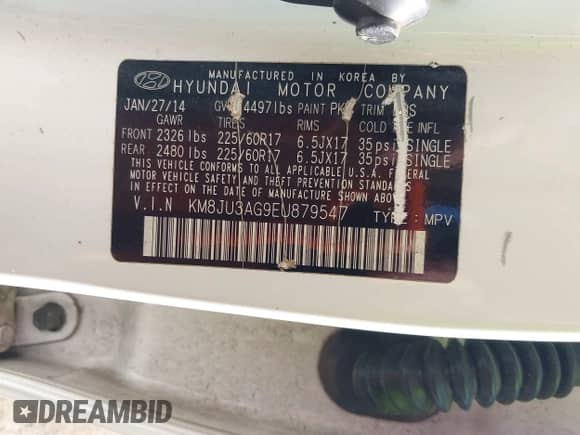 2014 Hyundai Tucson SE with VIN KM8JU3AG9EU879547, listed as a IAAI auction lot 43180093 with 151,921 mi miles and . Bid and sale history available at DreamBid. Image 9.