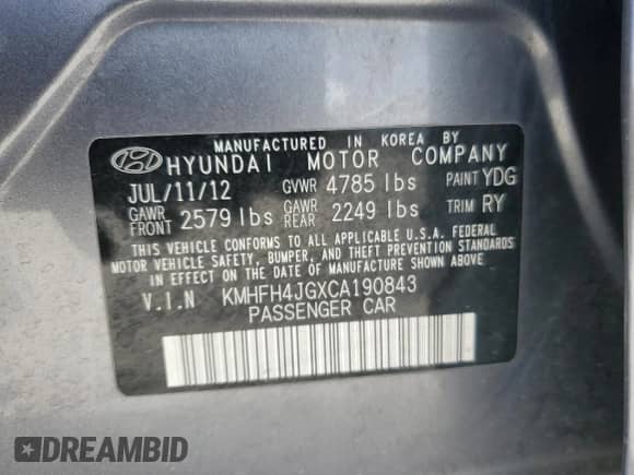 2012 Hyundai Azera с VIN KMHFH4JGXCA190843, выставлен на аукционе Copart как лот 66487705 с пробегом 176 084 миль миль и Списание • Salvage title. История ставок и продаж доступна на DreamBid. Изображение 12.
