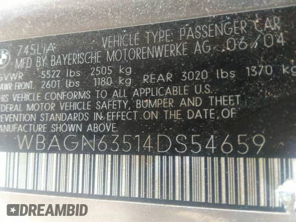 2004 BMW 7 Series 745Li with VIN WBAGN63514DS54659, listed as a IAAI auction lot 37205351 with 118,477 mi miles and . Bid and sale history available at DreamBid. Image 9.