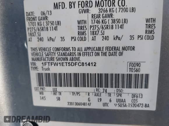 2013 Ford F-150 XL с VIN 1FTFW1ET5DFC81412, выставлен на аукционе IAAI как лот 40812729 с пробегом 147 002 миль миль и . История ставок и продаж доступна на DreamBid. Изображение 9.