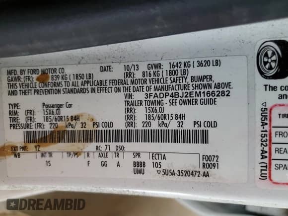 2014 Ford Fiesta SE с VIN 3FADP4BJ2EM166282, выставлен на аукционе Copart как лот 68853655 с пробегом 66 755 миль миль и Списание • Salvage title. История ставок и продаж доступна на DreamBid. Изображение 12.