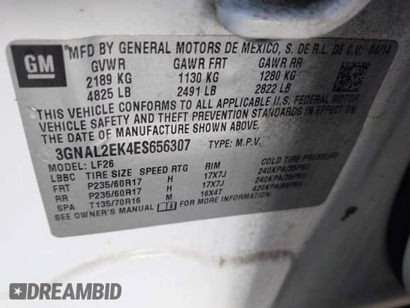 2014 Chevrolet Captiva Sport LS z VIN 3GNAL2EK4ES656307, wystawiony jako IAAI lot #42866914 z przebiegiem 182 367 mil mil oraz . Historia ofert i sprzedaży dostępna na DreamBid. Obrazek 9.