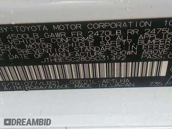 2013 Lexus IS 350 with VIN JTHBE5C28D5031492, listed as a IAAI auction lot 41762318 with 162,321 mi miles and . Bid and sale history available at DreamBid. Image 9.