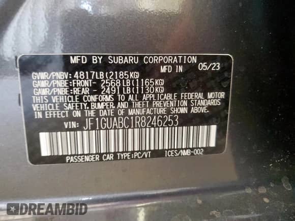 2024 Subaru Impreza с VIN JF1GUABC1R8246253, выставлен на аукционе Copart как лот 70507475 с пробегом 13 109 миль миль и Списание • Salvage title. История ставок и продаж доступна на DreamBid. Изображение 12.