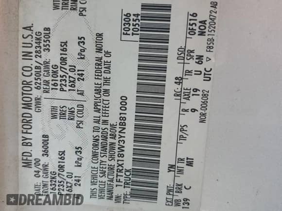 2000 Ford F-150 XL with VIN 1FTRX18W3YNB81000, listed as a Copart auction lot 86476645 with 210,299 mi miles and Salvage title. Bid and sale history available at DreamBid. Image 12.