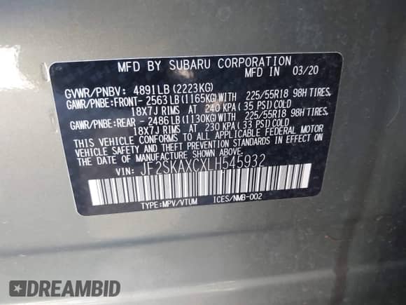 2020 Subaru Forester Touring with VIN JF2SKAXCXLH545932, listed as a IAAI auction lot 43305973 with 50,723 mi miles and . Bid and sale history available at DreamBid. Image 9.