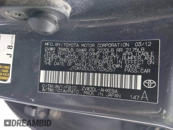 2012 Toyota Prius One with VIN JTDKN3DU3C1526257, listed as a IAAI auction lot 43274042 with 249,773 mi miles and . Bid and sale history available at DreamBid. Image 9.