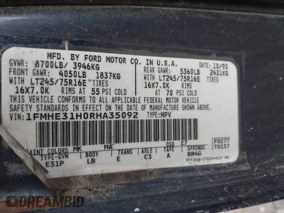 1994 Ford Econoline Cargo with VIN 1FMHE31H0RHA35092, listed as a IAAI auction lot 41863981 with Not provided miles and . Bid and sale history available at DreamBid. Image 9.