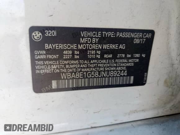 2018 BMW 3 Series 320i with VIN WBA8E1G58JNU89244, listed as a Copart auction lot 81389415 with 61,309 mi miles and Salvage title. Bid and sale history available at DreamBid. Image 12.