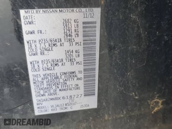 2013 Nissan Pathfinder Platinum с VIN 5N1AR2MN8DC618727, выставлен на аукционе Copart как лот 80563315 с пробегом 283 364 миль миль и Списание • Salvage title. История ставок и продаж доступна на DreamBid. Изображение 14.