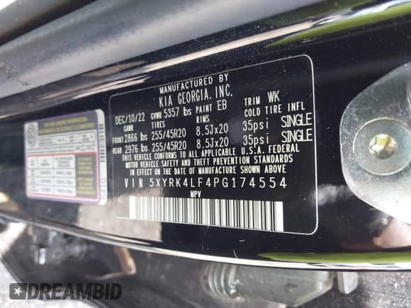 2023 Kia Sorento SX with VIN 5XYRK4LF4PG174554, listed as a IAAI auction lot 42319577 with 72,113 mi miles and . Bid and sale history available at DreamBid. Image 9.