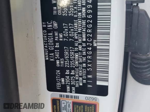 2024 Kia Sorento LX with VIN 5XYRG4JC2RG269949, listed as a Copart auction lot 67199345 with 33,290 mi miles and Salvage title. Bid and sale history available at DreamBid. Image 13.