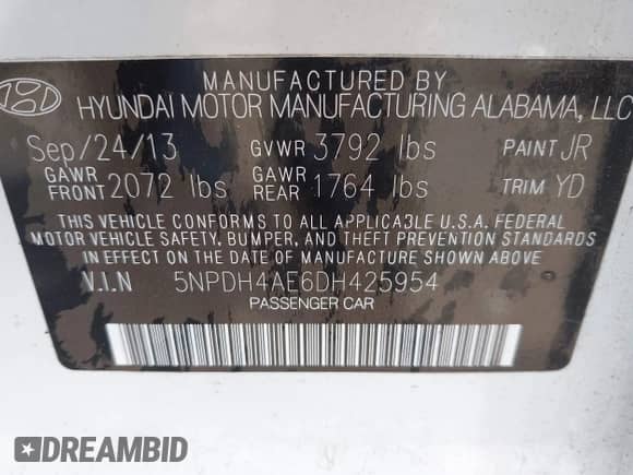 2013 Hyundai Elantra GLS with VIN 5NPDH4AE6DH425954, listed as a IAAI auction lot 43069732 with 85,239 mi miles and . Bid and sale history available at DreamBid. Image 9.