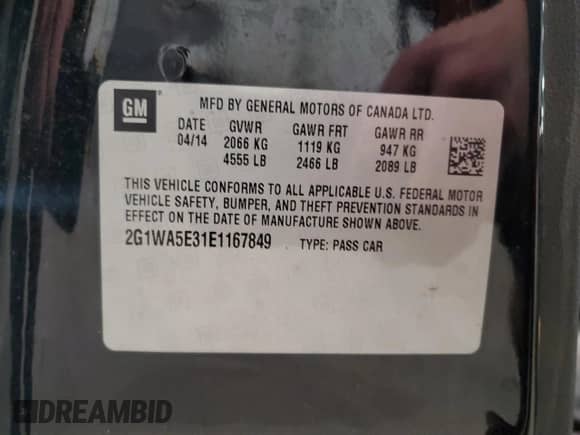 2014 Chevrolet Impala LS with VIN 2G1WA5E31E1167849, listed as a Copart auction lot 89865415 with 137,129 mi miles and Salvage title. Bid and sale history available at DreamBid. Image 13.
