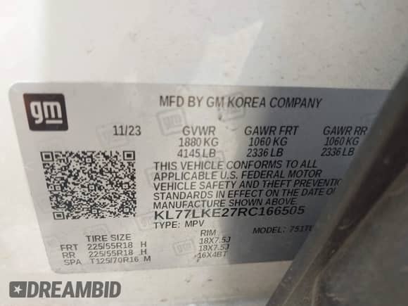 2024 Chevrolet Trax ACTIV с VIN KL77LKE27RC166505, выставлен на аукционе IAAI как лот 42836946 с пробегом 36 503 миль миль и . История ставок и продаж доступна на DreamBid. Изображение 9.