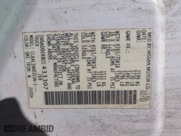 2012 Nissan Frontier SV with VIN 1N6AD0ER8CC433307, listed as a IAAI auction lot 43193045 with 246,649 mi miles and . Bid and sale history available at DreamBid. Image 9.