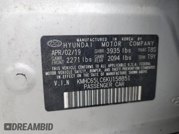 2019 Hyundai Ioniq Blue с VIN KMHC65LC6KU158851, выставлен на аукционе Copart как лот 83781605 с пробегом 38 529 миль миль и Списание • Salvage title. История ставок и продаж доступна на DreamBid. Изображение 13.
