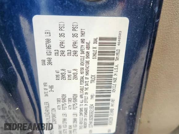 2006 Dodge 1500 SLT z VIN 1D7HA18296S621834, wystawiony jako Copart lot #68646605 z przebiegiem 210 988 mil mil oraz Szkoda całkowita • Salvage title. Historia ofert i sprzedaży dostępna na DreamBid. Obrazek 12.