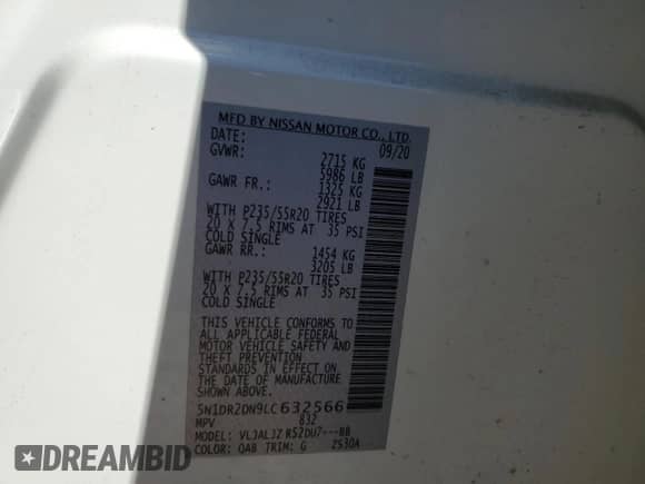 2020 Nissan Pathfinder Platinum с VIN 5N1DR2DN9LC632566, выставлен на аукционе Copart как лот 76252874 с пробегом 62 166 миль миль и Списание • Salvage title. История ставок и продаж доступна на DreamBid. Изображение 14.