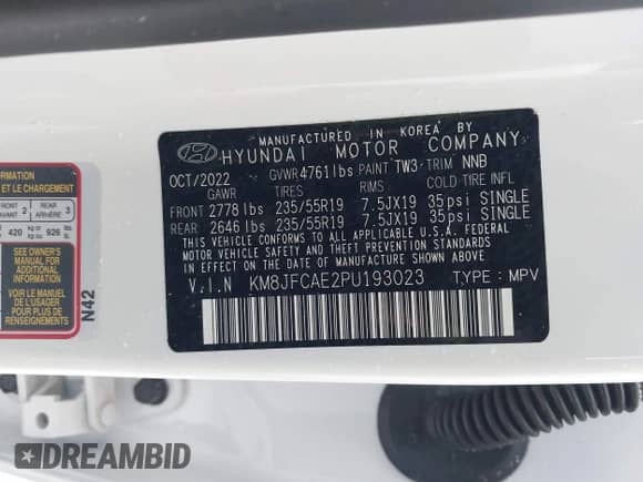 2023 Hyundai Tucson XRT with VIN KM8JFCAE2PU193023, listed as a IAAI auction lot 41510061 with 21,066 mi miles and . Bid and sale history available at DreamBid. Image 9.