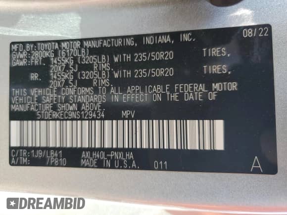 2022 Toyota Sienna Platinum с VIN 5TDERKEC9NS129434, выставлен на аукционе Copart как лот 70479265 с пробегом 72 192 миль миль и Списание • Salvage title. История ставок и продаж доступна на DreamBid. Изображение 14.