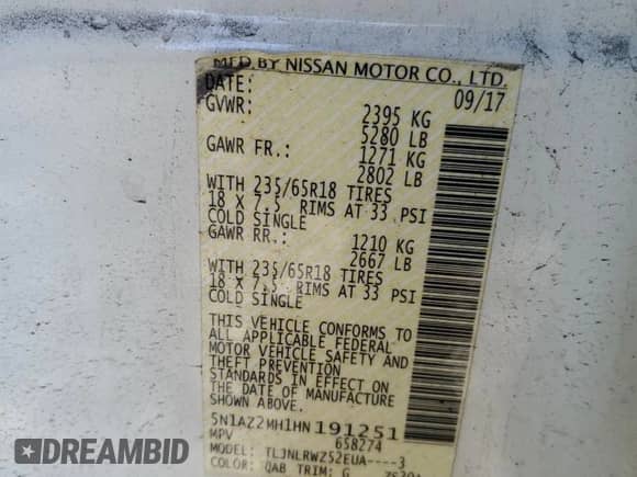 2017 Nissan Murano SL with VIN 5N1AZ2MH1HN191251, listed as a Copart auction lot 52258015 with 152,479 mi miles and Salvage title. Bid and sale history available at DreamBid. Image 15.