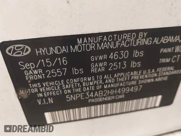 2017 Hyundai Sonata Limited with VIN 5NPE34AB2HH499497, listed as a IAAI auction lot 43465063 with 155,485 mi miles and . Bid and sale history available at DreamBid. Image 9.