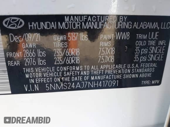 2022 Hyundai Santa Fe SEL с VIN 5NMS24AJ7NH417091, выставлен на аукционе IAAI как лот 43058218 с пробегом 38 970 миль миль и . История ставок и продаж доступна на DreamBid. Изображение 9.