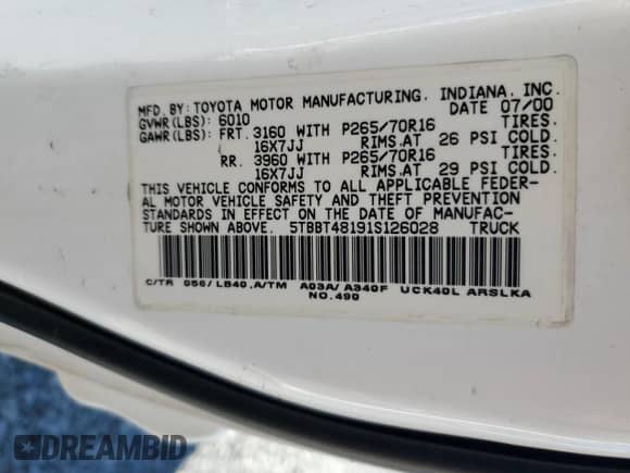 2001 Toyota Tundra Limited z VIN 5TBBT48191S126028, wystawiony jako Copart lot #80312915 z przebiegiem 230 773 mil mil oraz Czysty tytuł • Clean title. Historia ofert i sprzedaży dostępna na DreamBid. Obrazek 12.