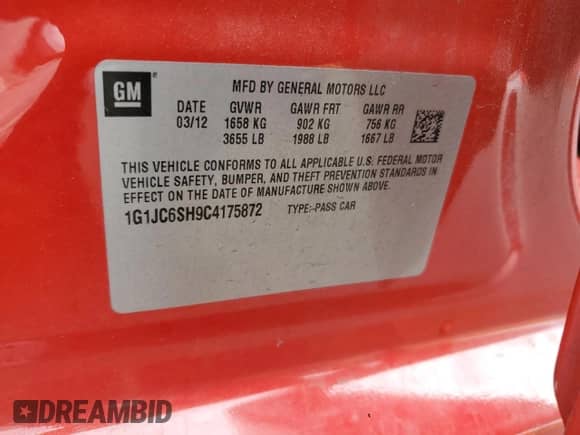 2012 Chevrolet Sonic LT с VIN 1G1JC6SH9C4175872, выставлен на аукционе Copart как лот 85168405 с пробегом 154 143 миль миль и Списание • Salvage title. История ставок и продаж доступна на DreamBid. Изображение 12.