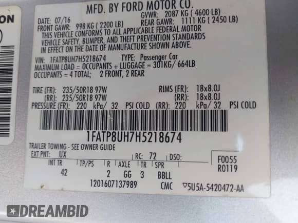 2017 Ford Mustang EcoBoost Premium с VIN 1FATP8UH7H5218674, выставлен на аукционе IAAI как лот 43393857 с пробегом 132 174 миль миль и . История ставок и продаж доступна на DreamBid. Изображение 9.