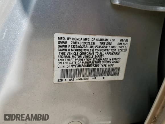 2010 Honda Pilot LX with VIN 5FNYF3H24AB007366, listed as a Copart auction lot 65041855 with 197,185 mi miles and Salvage title. Bid and sale history available at DreamBid. Image 13.
