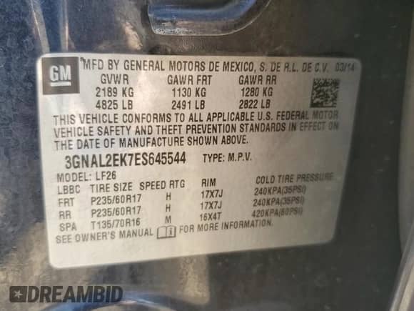 2014 Chevrolet Captiva Sport LS with VIN 3GNAL2EK7ES645544, listed as a Copart auction lot 76496754 with 96,088 mi miles and Salvage title. Bid and sale history available at DreamBid. Image 14.