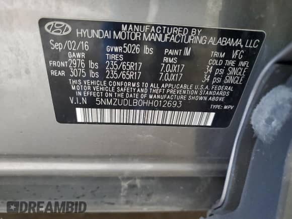 2017 Hyundai Santa Fe 2.4L z VIN 5NMZUDLB0HH012693, wystawiony jako Copart lot #85827455 z przebiegiem 139 188 mil mil oraz Szkoda całkowita • Salvage title. Historia ofert i sprzedaży dostępna na DreamBid. Obrazek 13.