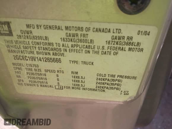 2004 Chevrolet Silverado 1500 with VIN 2GCEC19V141265666, listed as a IAAI auction lot 42490417 with Not provided miles and . Bid and sale history available at DreamBid. Image 9.