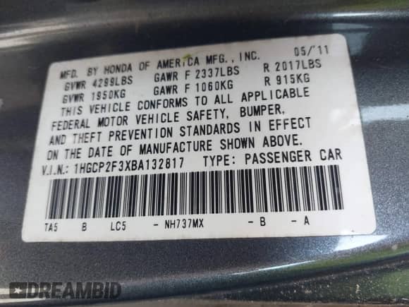 2011 Honda Accord LX с VIN 1HGCP2F3XBA132817, выставлен на аукционе IAAI как лот 42844069 с пробегом 210 981 миль миль и . История ставок и продаж доступна на DreamBid. Изображение 9.